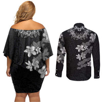 Hawaiian Lei Plumeria and Tropical Leaves Couples Matching Off Shoulder Short Dress and Long Sleeve Button Shirt Watercolor Style-Grayscale LT03 - Polynesian Pride