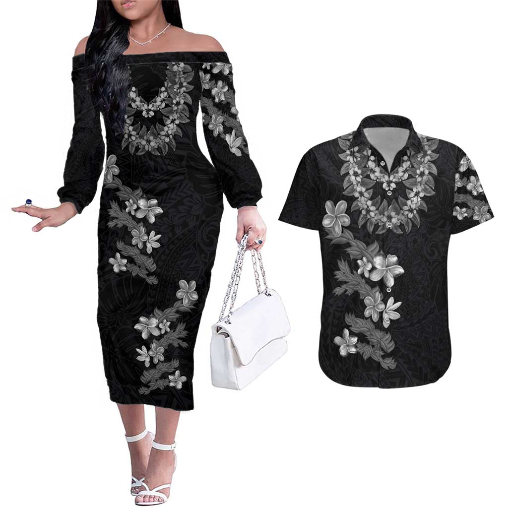 Hawaiian Lei Plumeria and Tropical Leaves Couples Matching Off The Shoulder Long Sleeve Dress and Hawaiian Shirt Watercolor Style-Grayscale LT03 Black - Polynesian Pride
