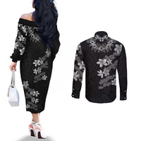 Hawaiian Lei Plumeria and Tropical Leaves Couples Matching Off The Shoulder Long Sleeve Dress and Long Sleeve Button Shirt Watercolor Style-Grayscale LT03 - Polynesian Pride