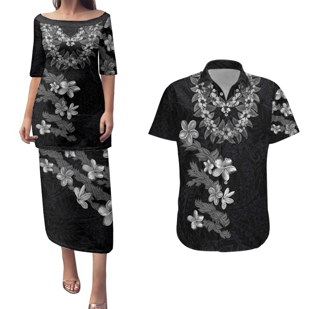 Hawaiian Lei Plumeria and Tropical Leaves Couples Matching Puletasi and Hawaiian Shirt Watercolor Style-Grayscale LT03 Black - Polynesian Pride