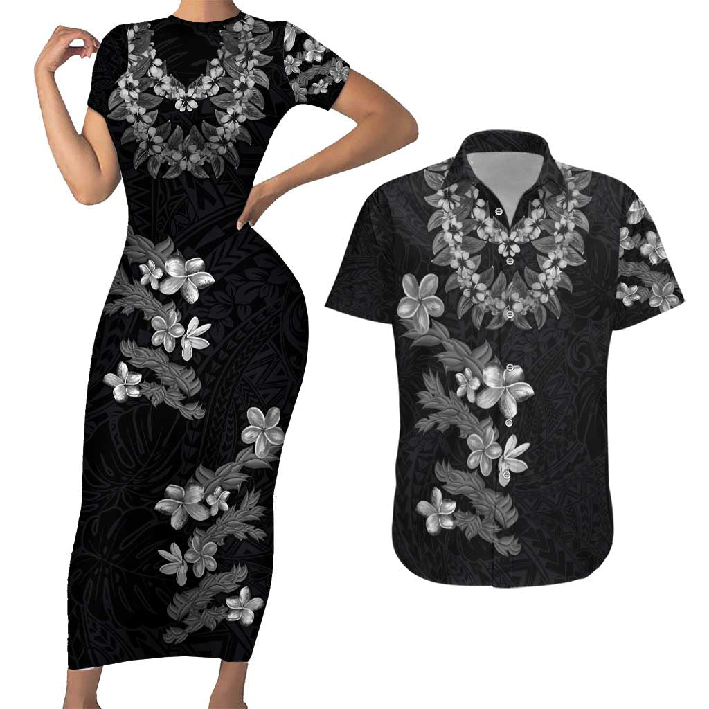Hawaiian Lei Plumeria and Tropical Leaves Couples Matching Short Sleeve Bodycon Dress and Hawaiian Shirt Watercolor Style-Grayscale LT03 Black - Polynesian Pride