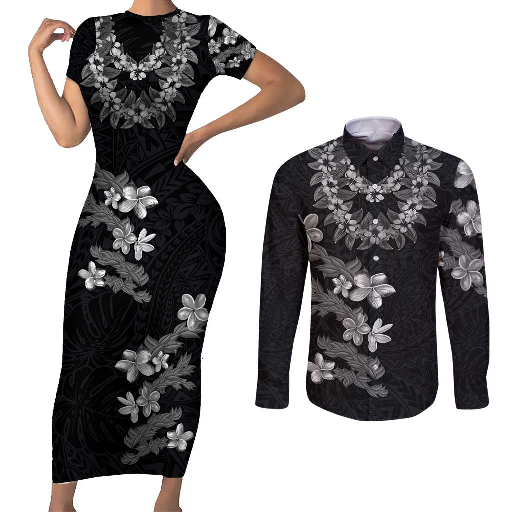 Hawaiian Lei Plumeria and Tropical Leaves Couples Matching Short Sleeve Bodycon Dress and Long Sleeve Button Shirt Watercolor Style-Grayscale LT03 Black - Polynesian Pride