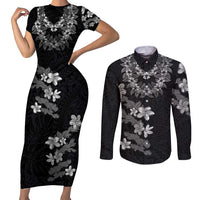 Hawaiian Lei Plumeria and Tropical Leaves Couples Matching Short Sleeve Bodycon Dress and Long Sleeve Button Shirt Watercolor Style-Grayscale LT03 Black - Polynesian Pride