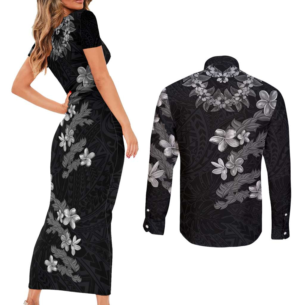 Hawaiian Lei Plumeria and Tropical Leaves Couples Matching Short Sleeve Bodycon Dress and Long Sleeve Button Shirt Watercolor Style-Grayscale LT03 - Polynesian Pride