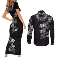 Hawaiian Lei Plumeria and Tropical Leaves Couples Matching Short Sleeve Bodycon Dress and Long Sleeve Button Shirt Watercolor Style-Grayscale LT03 - Polynesian Pride