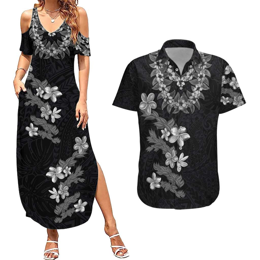 Hawaiian Lei Plumeria and Tropical Leaves Couples Matching Summer Maxi Dress and Hawaiian Shirt Watercolor Style-Grayscale LT03 Black - Polynesian Pride