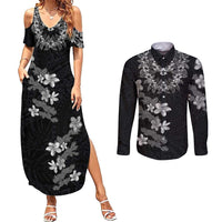 Hawaiian Lei Plumeria and Tropical Leaves Couples Matching Summer Maxi Dress and Long Sleeve Button Shirt Watercolor Style-Grayscale LT03 Black - Polynesian Pride