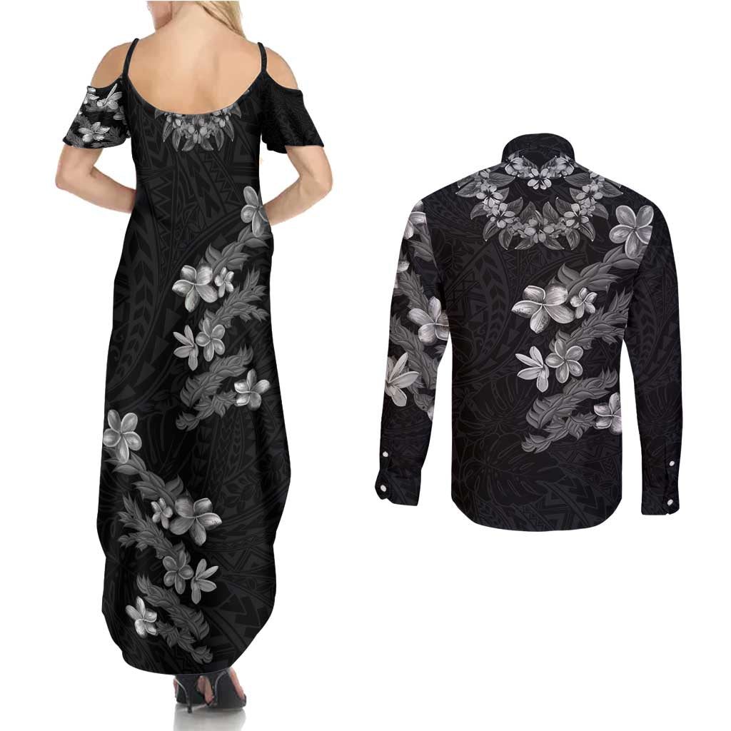 Hawaiian Lei Plumeria and Tropical Leaves Couples Matching Summer Maxi Dress and Long Sleeve Button Shirt Watercolor Style-Grayscale LT03 - Polynesian Pride