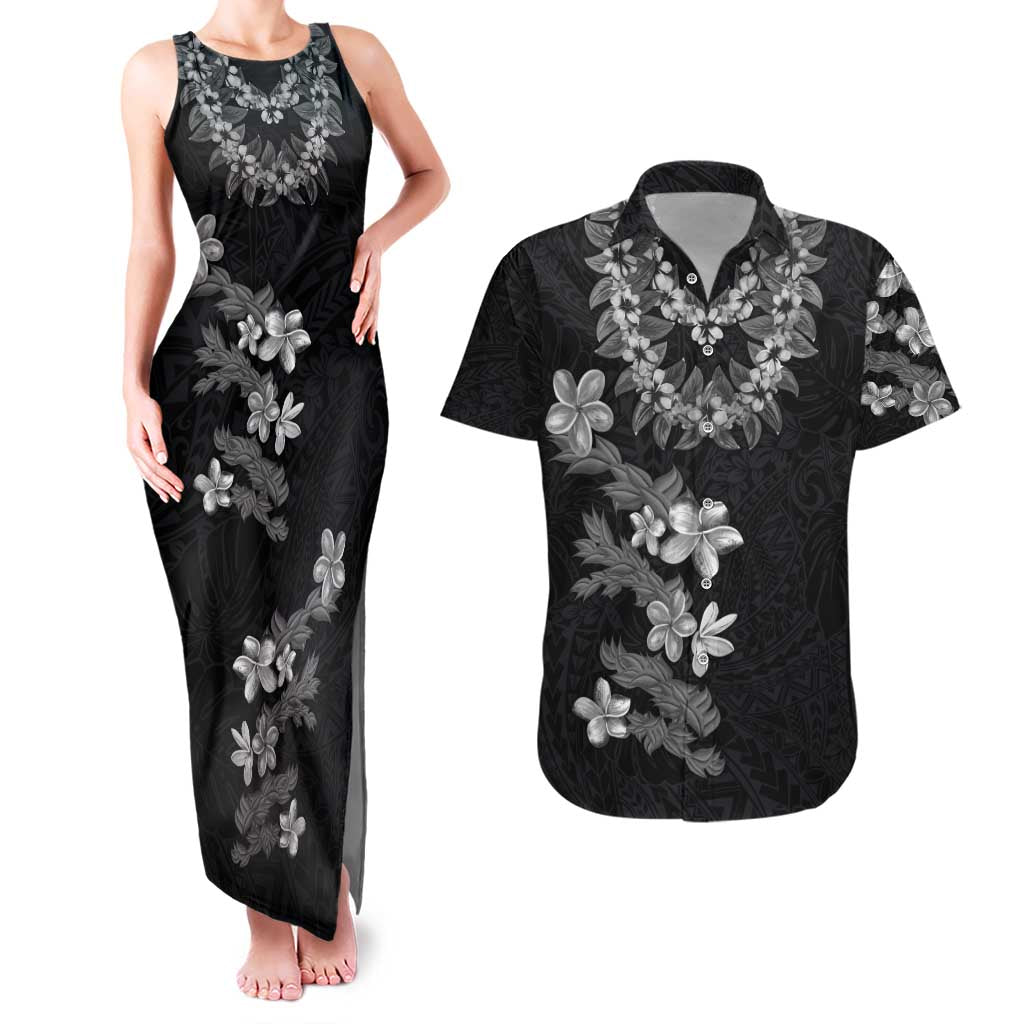 Hawaiian Lei Plumeria and Tropical Leaves Couples Matching Tank Maxi Dress and Hawaiian Shirt Watercolor Style-Grayscale LT03 Black - Polynesian Pride