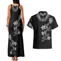 Hawaiian Lei Plumeria and Tropical Leaves Couples Matching Tank Maxi Dress and Hawaiian Shirt Watercolor Style-Grayscale LT03 - Polynesian Pride