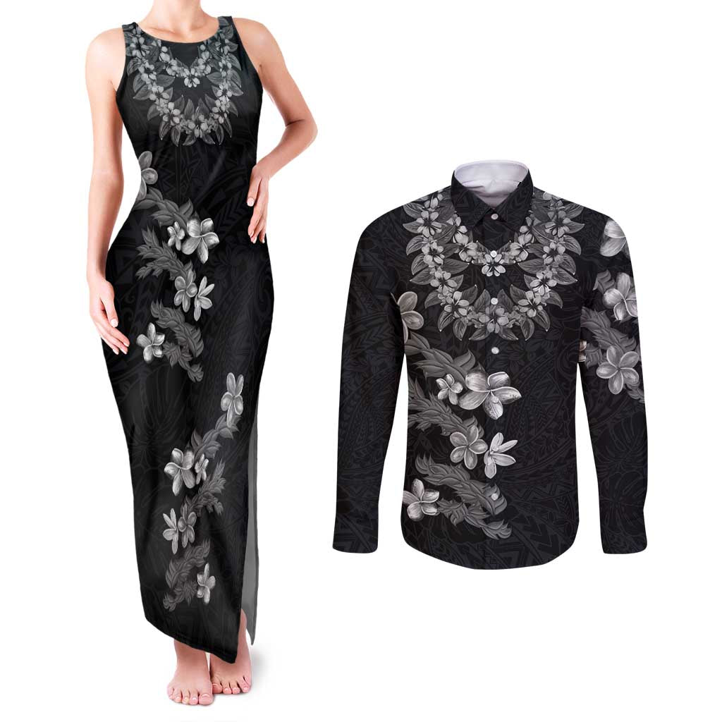 Hawaiian Lei Plumeria and Tropical Leaves Couples Matching Tank Maxi Dress and Long Sleeve Button Shirt Watercolor Style-Grayscale LT03 Black - Polynesian Pride