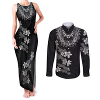Hawaiian Lei Plumeria and Tropical Leaves Couples Matching Tank Maxi Dress and Long Sleeve Button Shirt Watercolor Style-Grayscale LT03 Black - Polynesian Pride