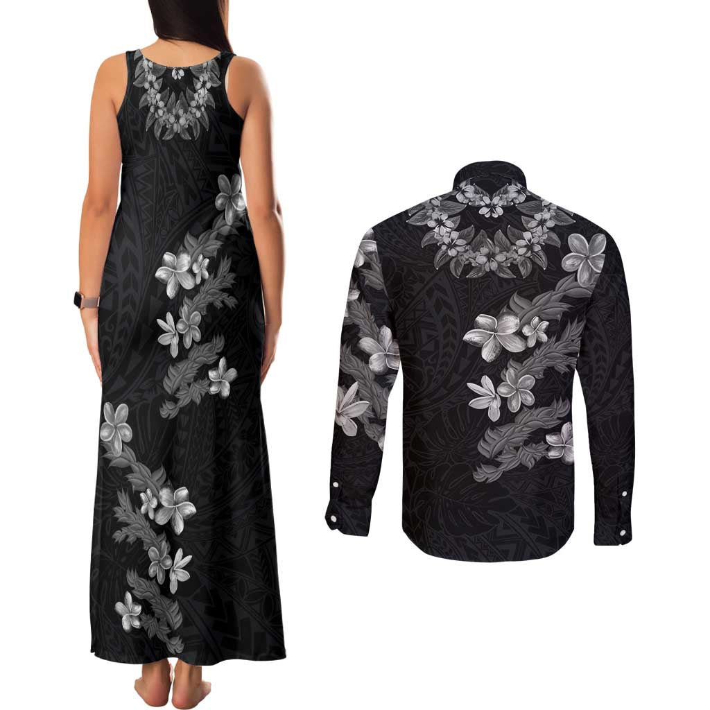 Hawaiian Lei Plumeria and Tropical Leaves Couples Matching Tank Maxi Dress and Long Sleeve Button Shirt Watercolor Style-Grayscale LT03 - Polynesian Pride