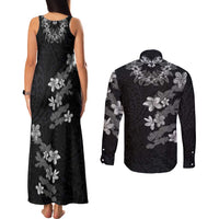 Hawaiian Lei Plumeria and Tropical Leaves Couples Matching Tank Maxi Dress and Long Sleeve Button Shirt Watercolor Style-Grayscale LT03 - Polynesian Pride
