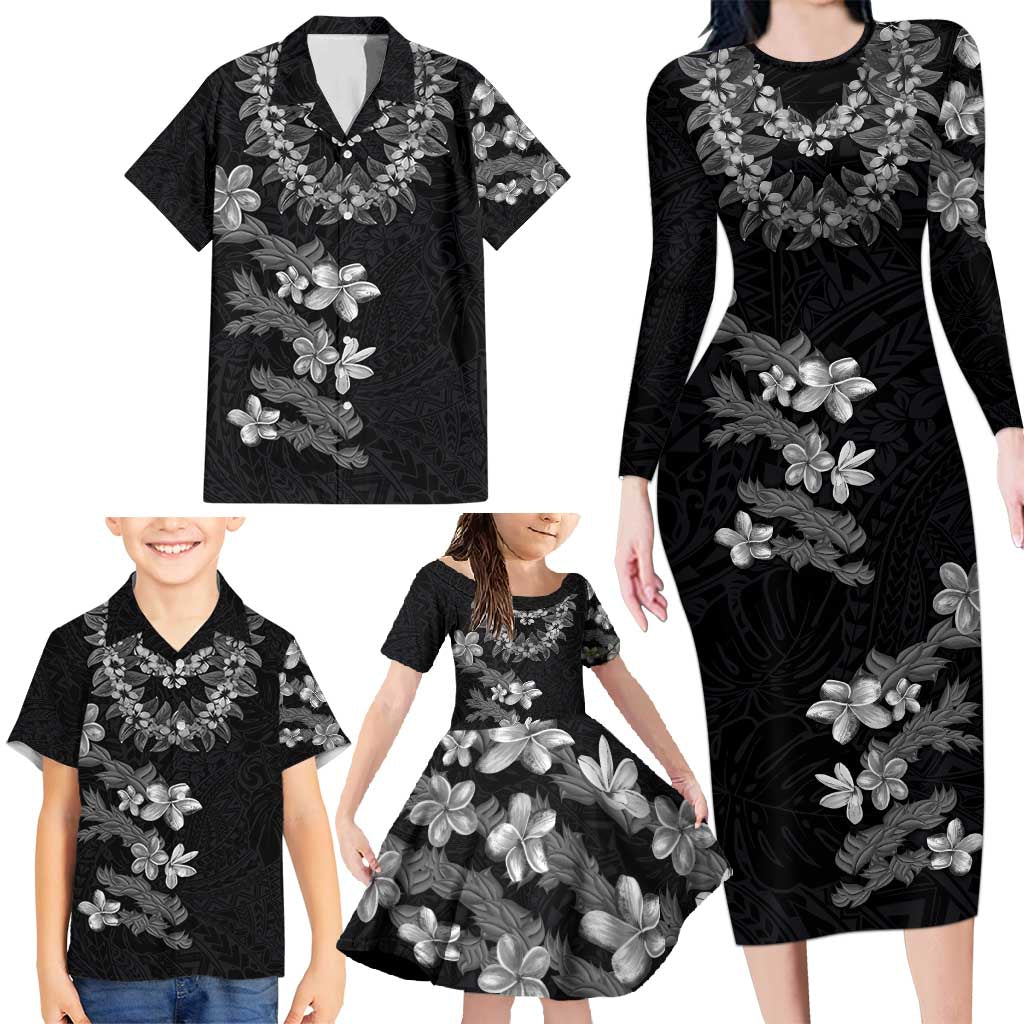 Hawaiian Lei Plumeria and Tropical Leaves Family Matching Long Sleeve Bodycon Dress and Hawaiian Shirt Watercolor Style-Grayscale LT03 - Polynesian Pride
