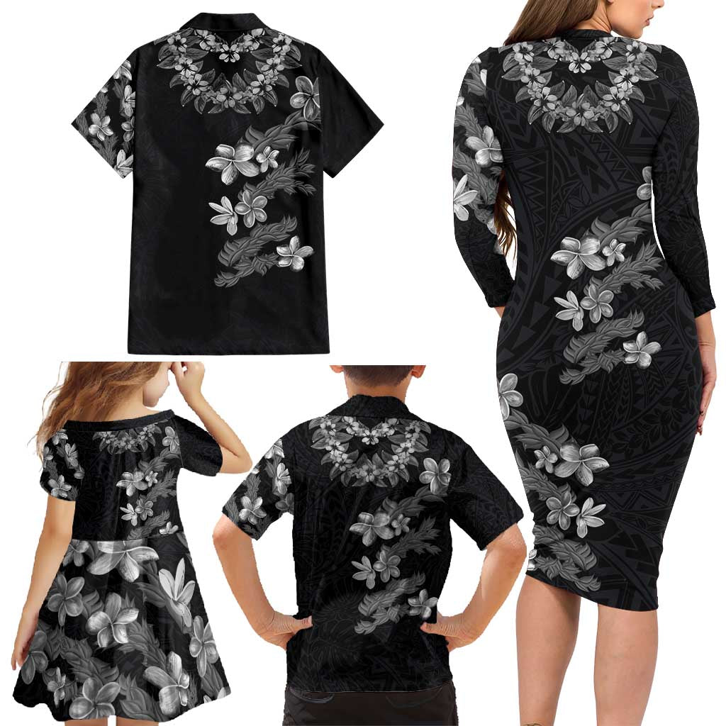 Hawaiian Lei Plumeria and Tropical Leaves Family Matching Long Sleeve Bodycon Dress and Hawaiian Shirt Watercolor Style-Grayscale LT03 - Polynesian Pride