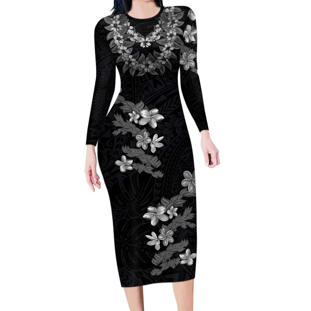 Hawaiian Lei Plumeria and Tropical Leaves Family Matching Long Sleeve Bodycon Dress and Hawaiian Shirt Watercolor Style-Grayscale LT03 Mom's Dress Black - Polynesian Pride