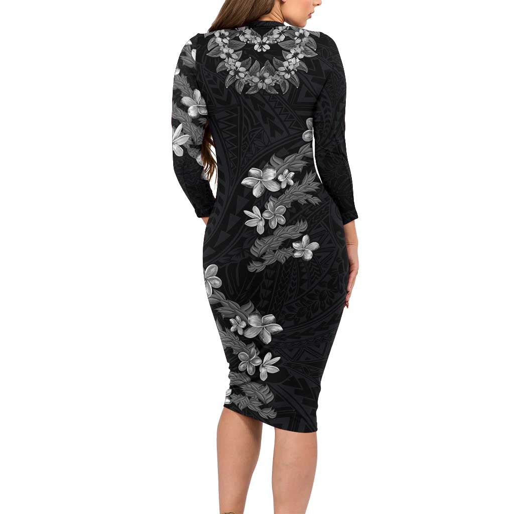 Hawaiian Lei Plumeria and Tropical Leaves Family Matching Long Sleeve Bodycon Dress and Hawaiian Shirt Watercolor Style-Grayscale LT03 - Polynesian Pride