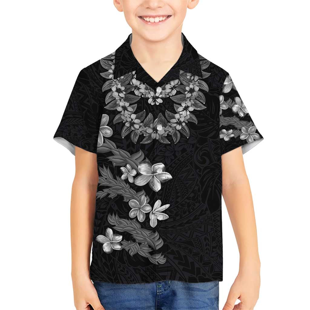 Hawaiian Lei Plumeria and Tropical Leaves Family Matching Long Sleeve Bodycon Dress and Hawaiian Shirt Watercolor Style-Grayscale LT03 Son's Shirt Black - Polynesian Pride
