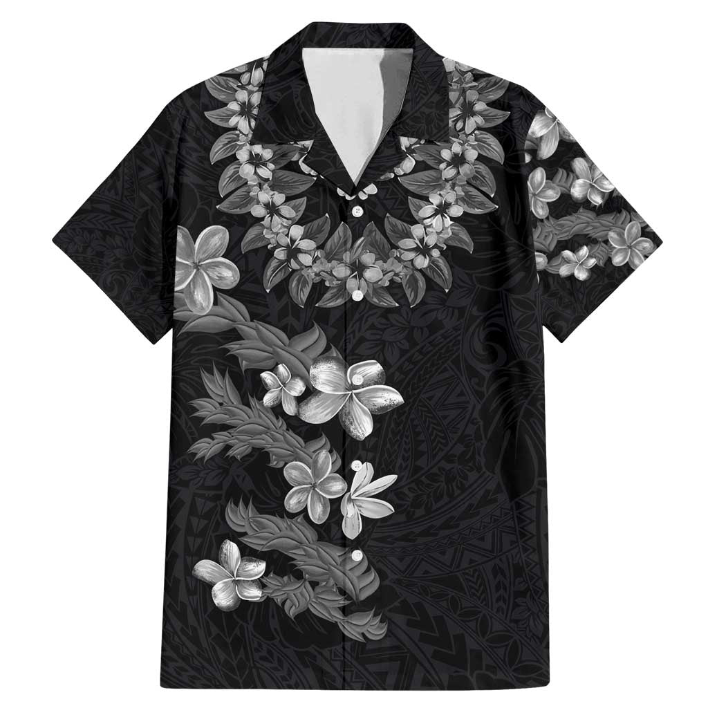 Hawaiian Lei Plumeria and Tropical Leaves Family Matching Mermaid Dress and Hawaiian Shirt Watercolor Style-Grayscale LT03 Dad's Shirt - Short Sleeve Black - Polynesian Pride