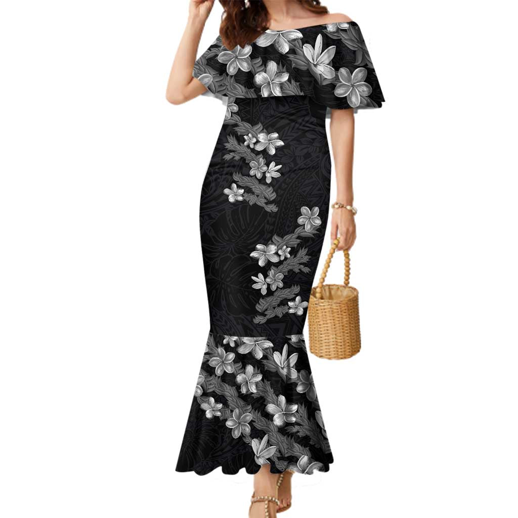Hawaiian Lei Plumeria and Tropical Leaves Family Matching Mermaid Dress and Hawaiian Shirt Watercolor Style-Grayscale LT03 Mom's Dress Black - Polynesian Pride