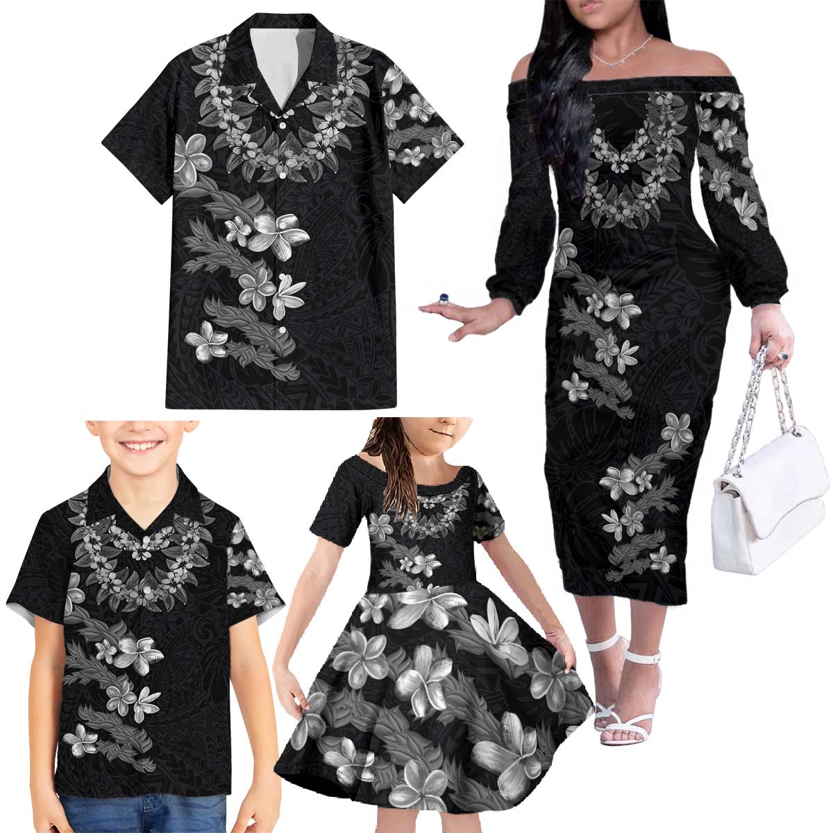 Hawaiian Lei Plumeria and Tropical Leaves Family Matching Off The Shoulder Long Sleeve Dress and Hawaiian Shirt Watercolor Style-Grayscale LT03 - Polynesian Pride