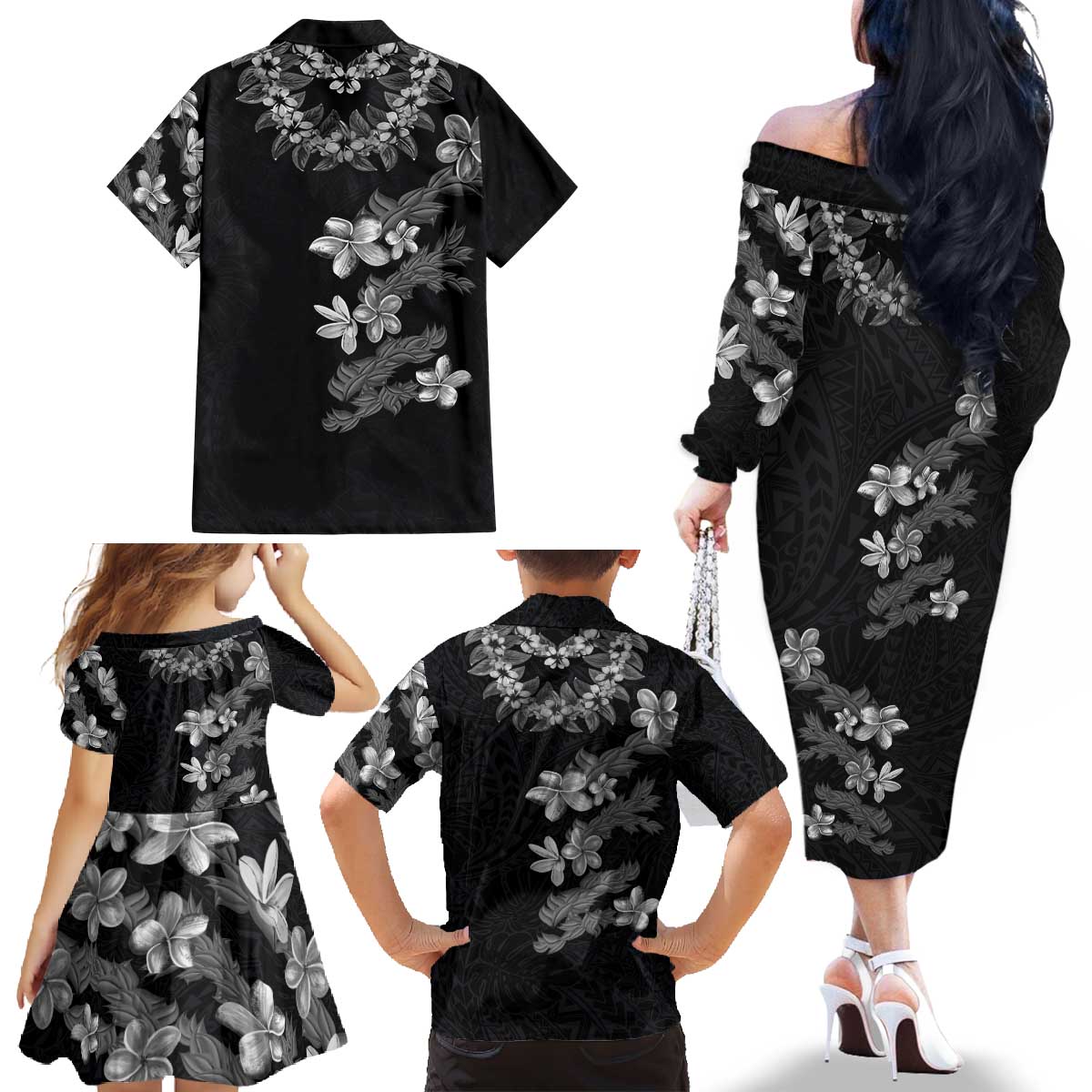 Hawaiian Lei Plumeria and Tropical Leaves Family Matching Off The Shoulder Long Sleeve Dress and Hawaiian Shirt Watercolor Style-Grayscale LT03 - Polynesian Pride