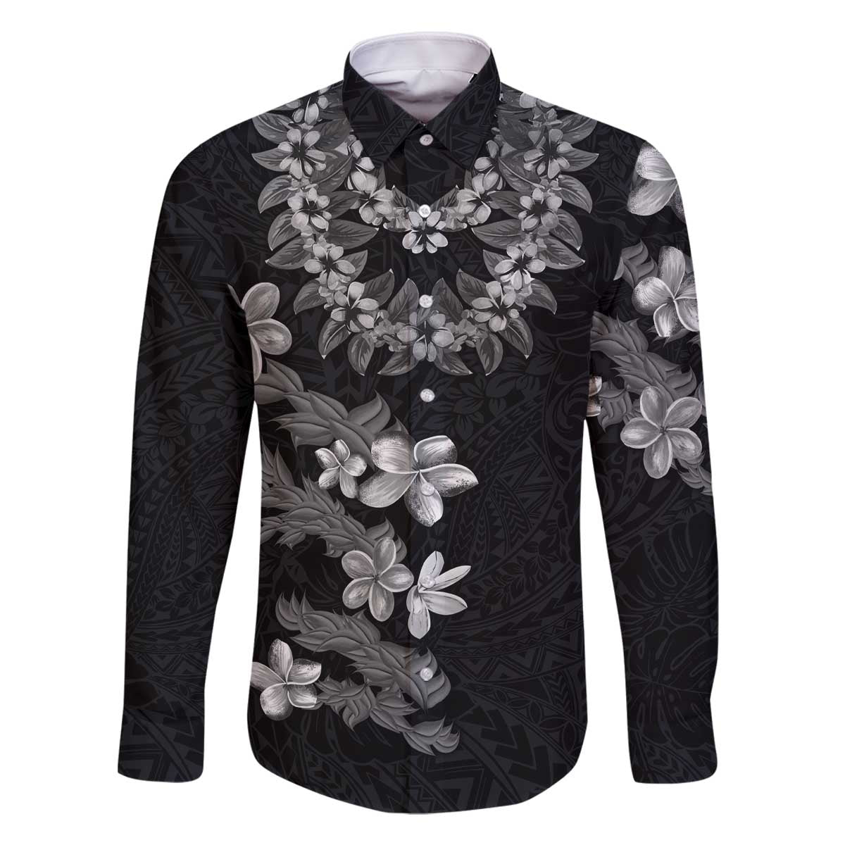 Hawaiian Lei Plumeria and Tropical Leaves Family Matching Off The Shoulder Long Sleeve Dress and Hawaiian Shirt Watercolor Style-Grayscale LT03 Dad's Shirt - Long Sleeve Black - Polynesian Pride