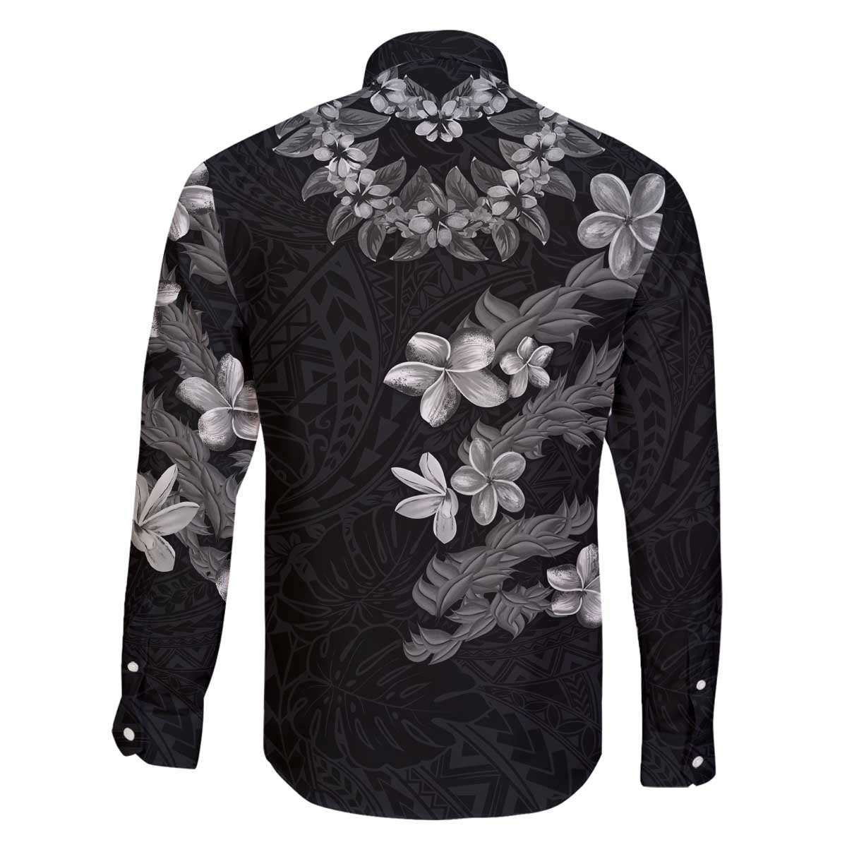 Hawaiian Lei Plumeria and Tropical Leaves Family Matching Off The Shoulder Long Sleeve Dress and Hawaiian Shirt Watercolor Style-Grayscale LT03 - Polynesian Pride