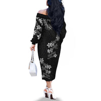 Hawaiian Lei Plumeria and Tropical Leaves Family Matching Off The Shoulder Long Sleeve Dress and Hawaiian Shirt Watercolor Style-Grayscale LT03 - Polynesian Pride