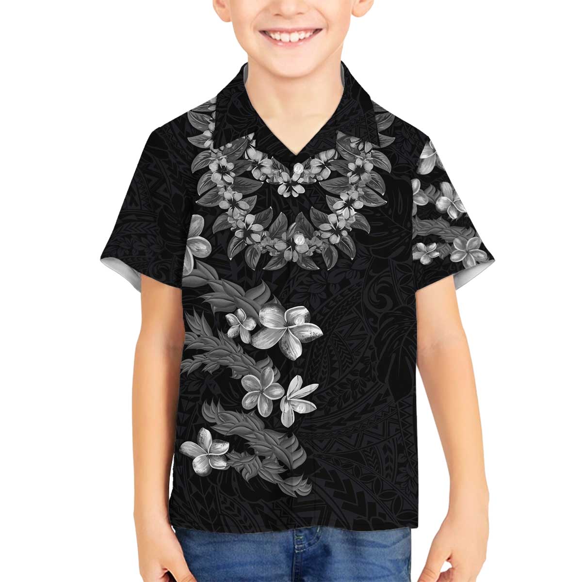 Hawaiian Lei Plumeria and Tropical Leaves Family Matching Off The Shoulder Long Sleeve Dress and Hawaiian Shirt Watercolor Style-Grayscale LT03 Son's Shirt Black - Polynesian Pride
