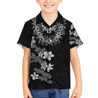 Hawaiian Lei Plumeria and Tropical Leaves Family Matching Off The Shoulder Long Sleeve Dress and Hawaiian Shirt Watercolor Style-Grayscale LT03 Son's Shirt Black - Polynesian Pride
