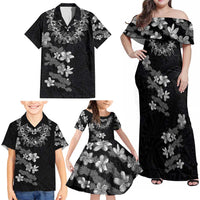 Hawaiian Lei Plumeria and Tropical Leaves Family Matching Off Shoulder Maxi Dress and Hawaiian Shirt Watercolor Style-Grayscale LT03 - Polynesian Pride