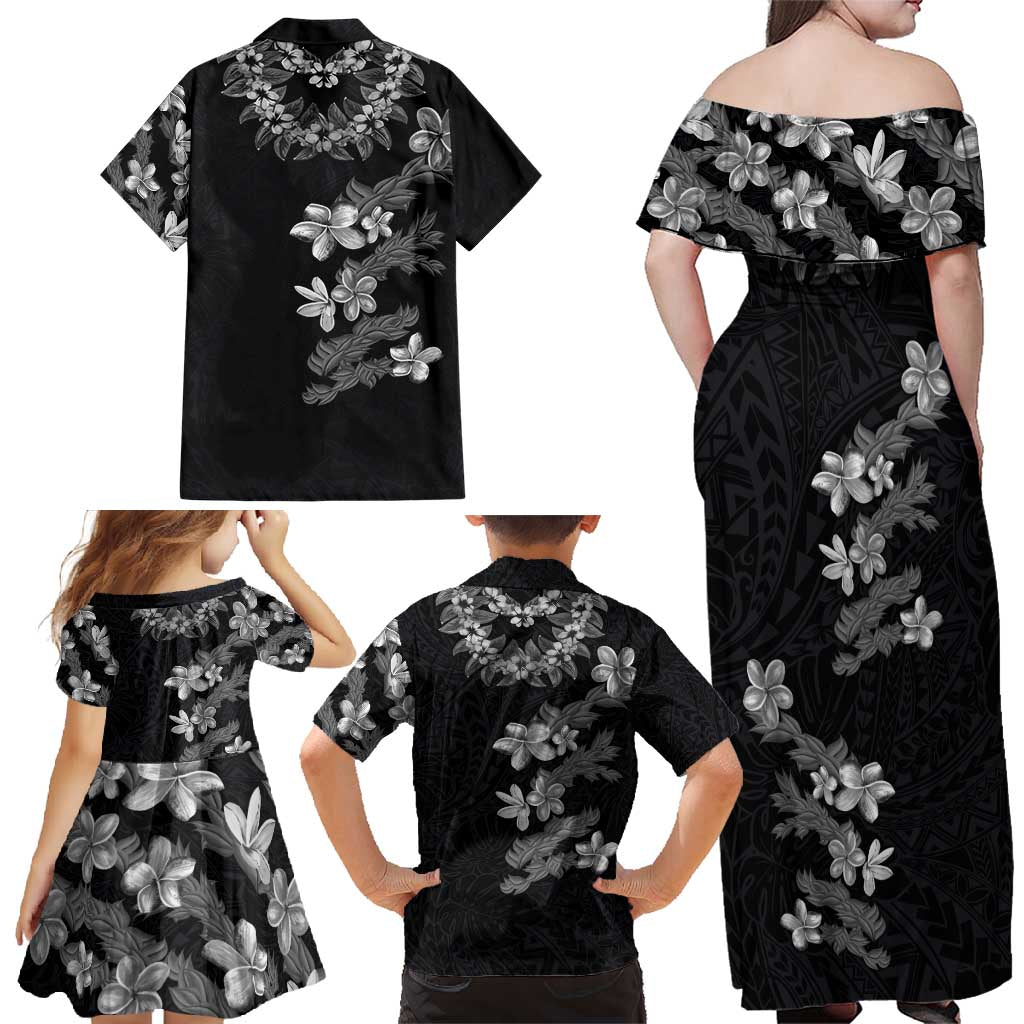 Hawaiian Lei Plumeria and Tropical Leaves Family Matching Off Shoulder Maxi Dress and Hawaiian Shirt Watercolor Style-Grayscale LT03 - Polynesian Pride