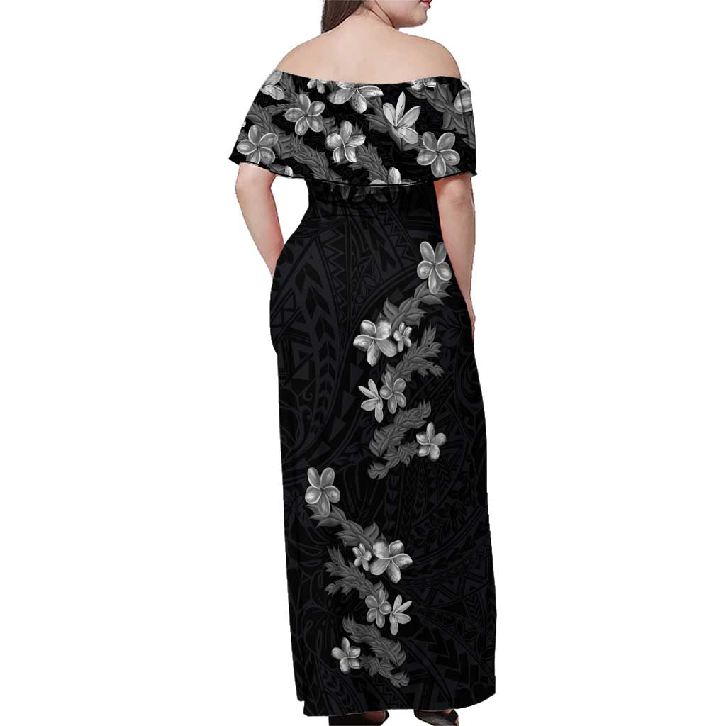 Hawaiian Lei Plumeria and Tropical Leaves Family Matching Off Shoulder Maxi Dress and Hawaiian Shirt Watercolor Style-Grayscale LT03 - Polynesian Pride