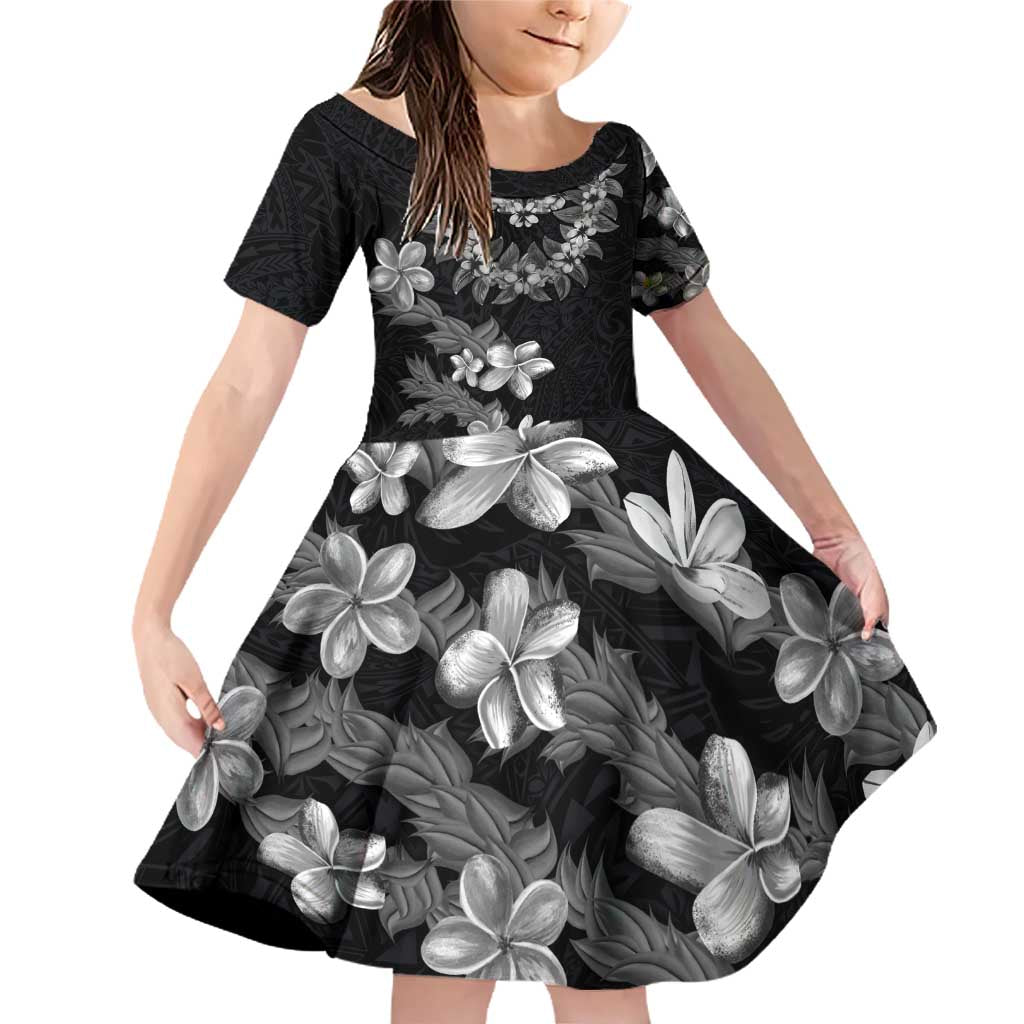 Hawaiian Lei Plumeria and Tropical Leaves Family Matching Off Shoulder Short Dress and Hawaiian Shirt Watercolor Style-Grayscale LT03 Daughter's Dress Black - Polynesian Pride