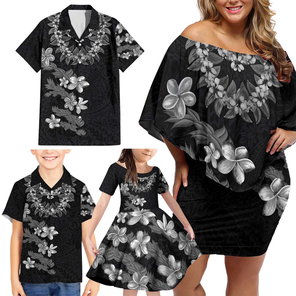 Hawaiian Lei Plumeria and Tropical Leaves Family Matching Off Shoulder Short Dress and Hawaiian Shirt Watercolor Style-Grayscale LT03 - Polynesian Pride