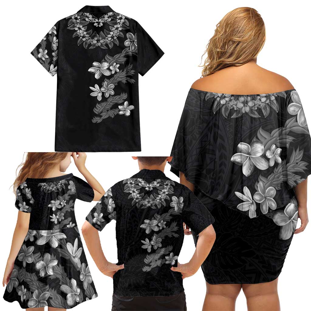 Hawaiian Lei Plumeria and Tropical Leaves Family Matching Off Shoulder Short Dress and Hawaiian Shirt Watercolor Style-Grayscale LT03 - Polynesian Pride