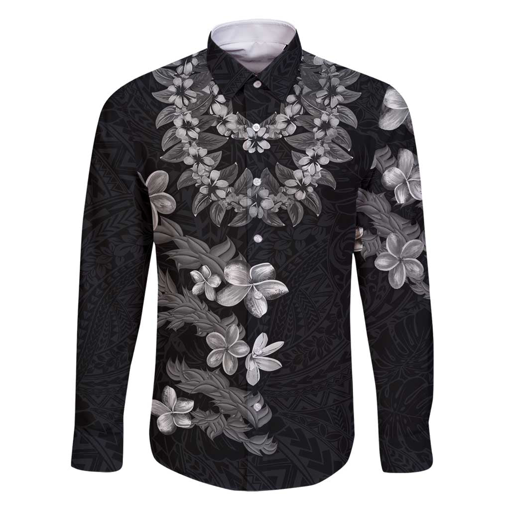Hawaiian Lei Plumeria and Tropical Leaves Family Matching Off Shoulder Short Dress and Hawaiian Shirt Watercolor Style-Grayscale LT03 Dad's Shirt - Long Sleeve Black - Polynesian Pride