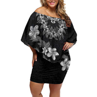 Hawaiian Lei Plumeria and Tropical Leaves Family Matching Off Shoulder Short Dress and Hawaiian Shirt Watercolor Style-Grayscale LT03 Mom's Dress Black - Polynesian Pride