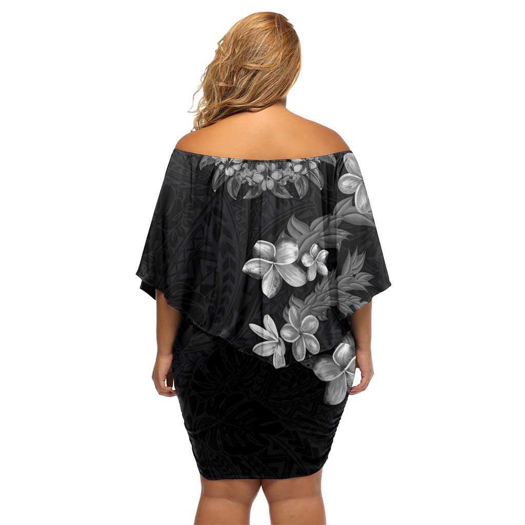 Hawaiian Lei Plumeria and Tropical Leaves Family Matching Off Shoulder Short Dress and Hawaiian Shirt Watercolor Style-Grayscale LT03 - Polynesian Pride