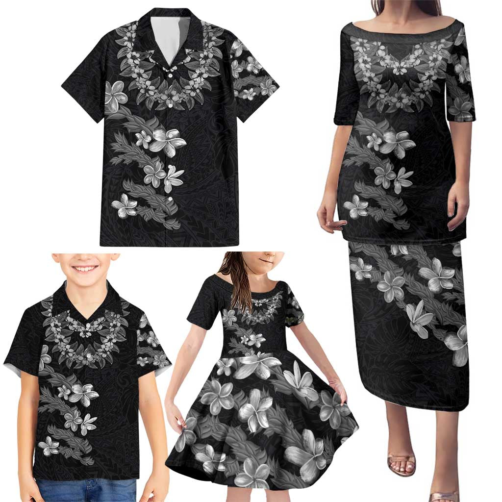 Hawaiian Lei Plumeria and Tropical Leaves Family Matching Puletasi and Hawaiian Shirt Watercolor Style-Grayscale LT03 - Polynesian Pride
