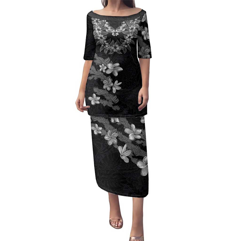 Hawaiian Lei Plumeria and Tropical Leaves Family Matching Puletasi and Hawaiian Shirt Watercolor Style-Grayscale LT03 Mom's Dress Black - Polynesian Pride