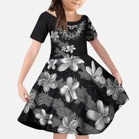 Hawaiian Lei Plumeria and Tropical Leaves Family Matching Short Sleeve Bodycon Dress and Hawaiian Shirt Watercolor Style-Grayscale LT03 Daughter's Dress Black - Polynesian Pride