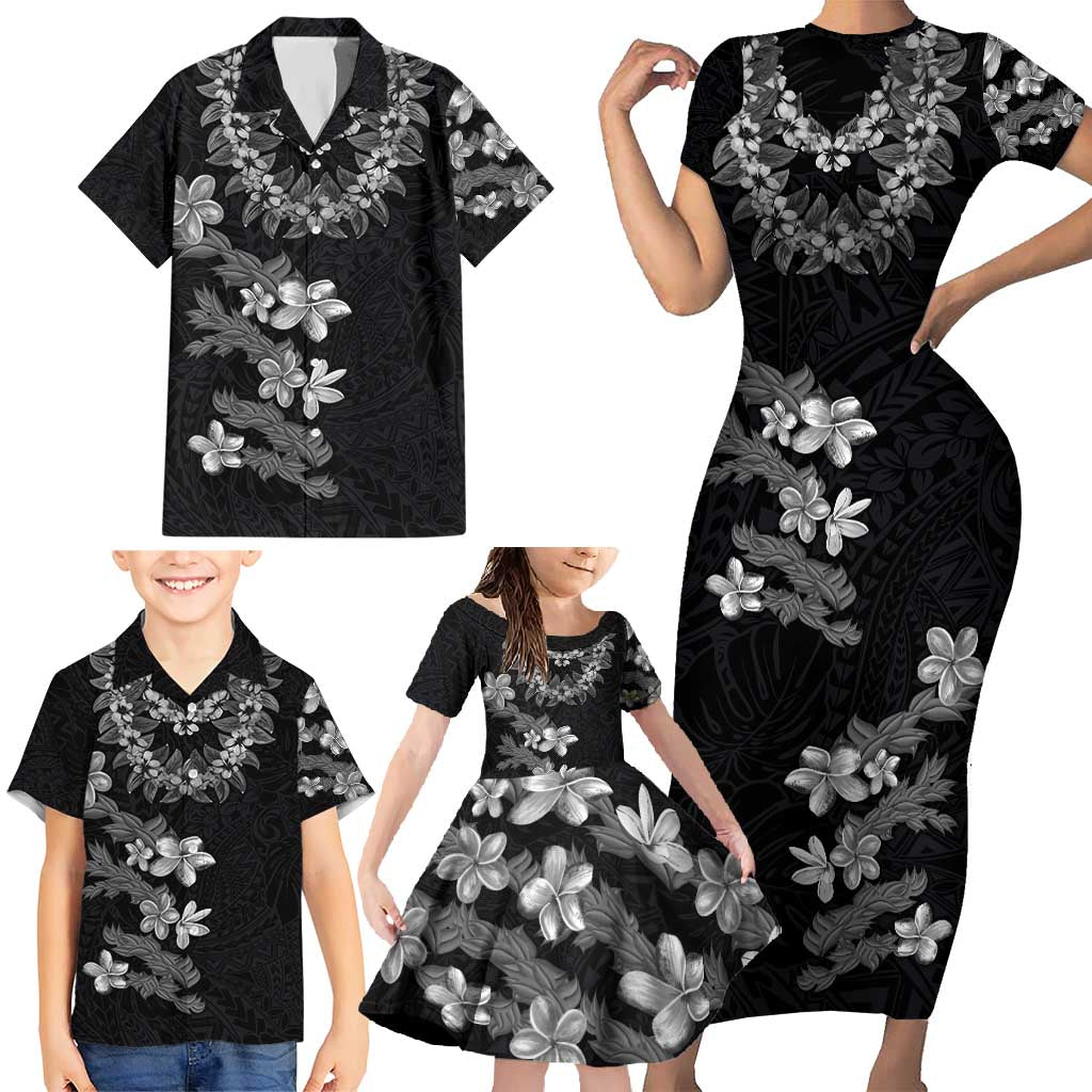 Hawaiian Lei Plumeria and Tropical Leaves Family Matching Short Sleeve Bodycon Dress and Hawaiian Shirt Watercolor Style-Grayscale LT03 - Polynesian Pride