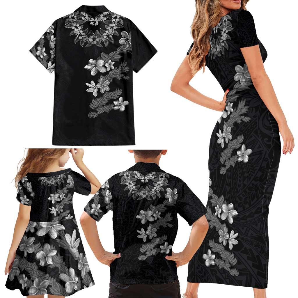 Hawaiian Lei Plumeria and Tropical Leaves Family Matching Short Sleeve Bodycon Dress and Hawaiian Shirt Watercolor Style-Grayscale LT03 - Polynesian Pride