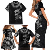 Hawaiian Lei Plumeria and Tropical Leaves Family Matching Short Sleeve Bodycon Dress and Hawaiian Shirt Watercolor Style-Grayscale LT03 - Polynesian Pride