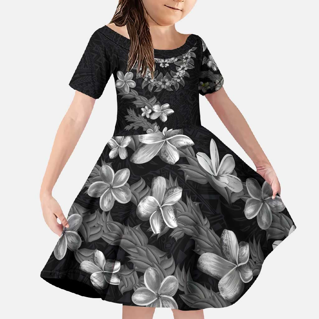 Hawaiian Lei Plumeria and Tropical Leaves Family Matching Summer Maxi Dress and Hawaiian Shirt Watercolor Style-Grayscale LT03 Daughter's Dress Black - Polynesian Pride