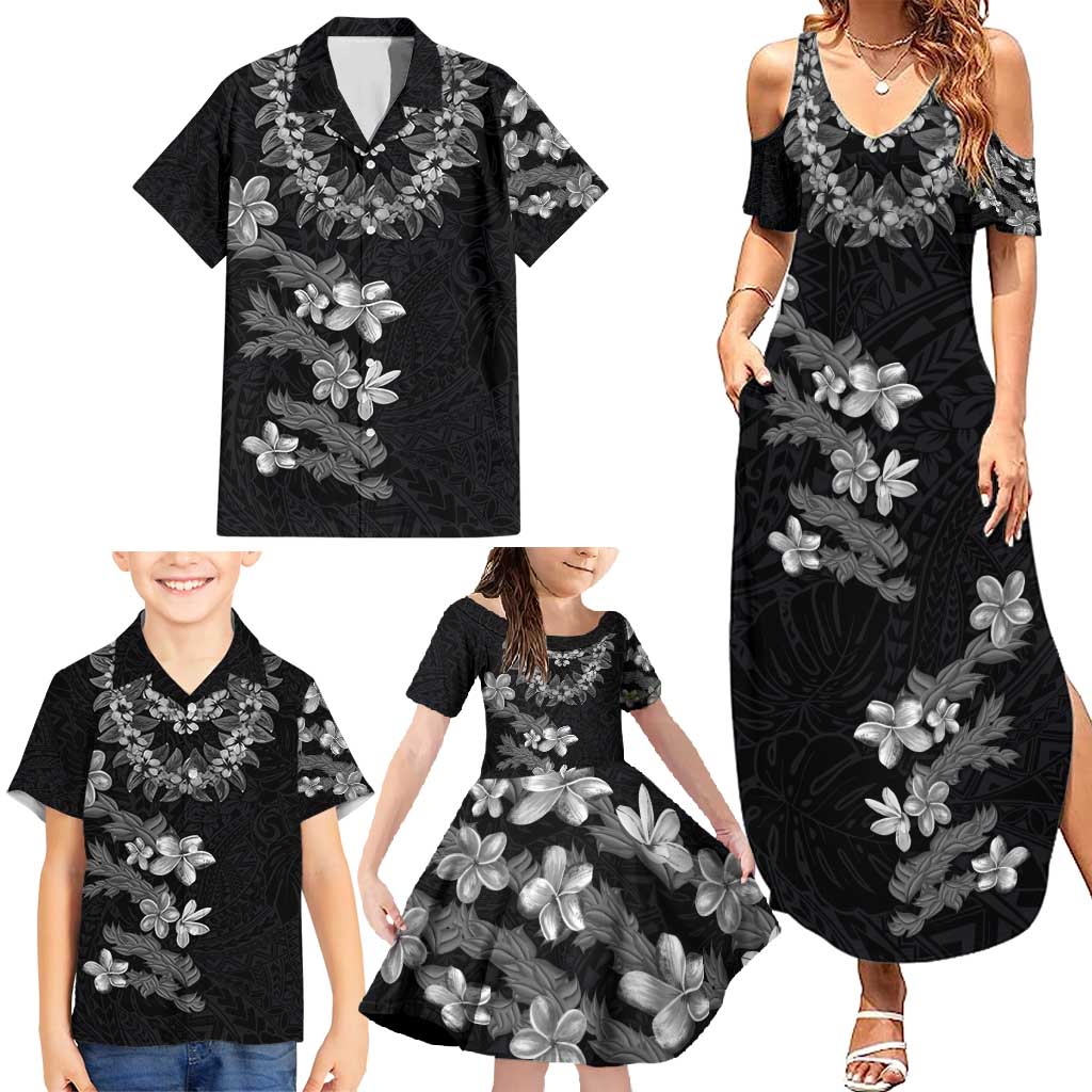 Hawaiian Lei Plumeria and Tropical Leaves Family Matching Summer Maxi Dress and Hawaiian Shirt Watercolor Style-Grayscale LT03 - Polynesian Pride