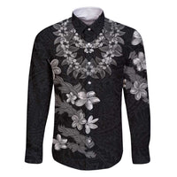Hawaiian Lei Plumeria and Tropical Leaves Family Matching Summer Maxi Dress and Hawaiian Shirt Watercolor Style-Grayscale LT03 Dad's Shirt - Long Sleeve Black - Polynesian Pride